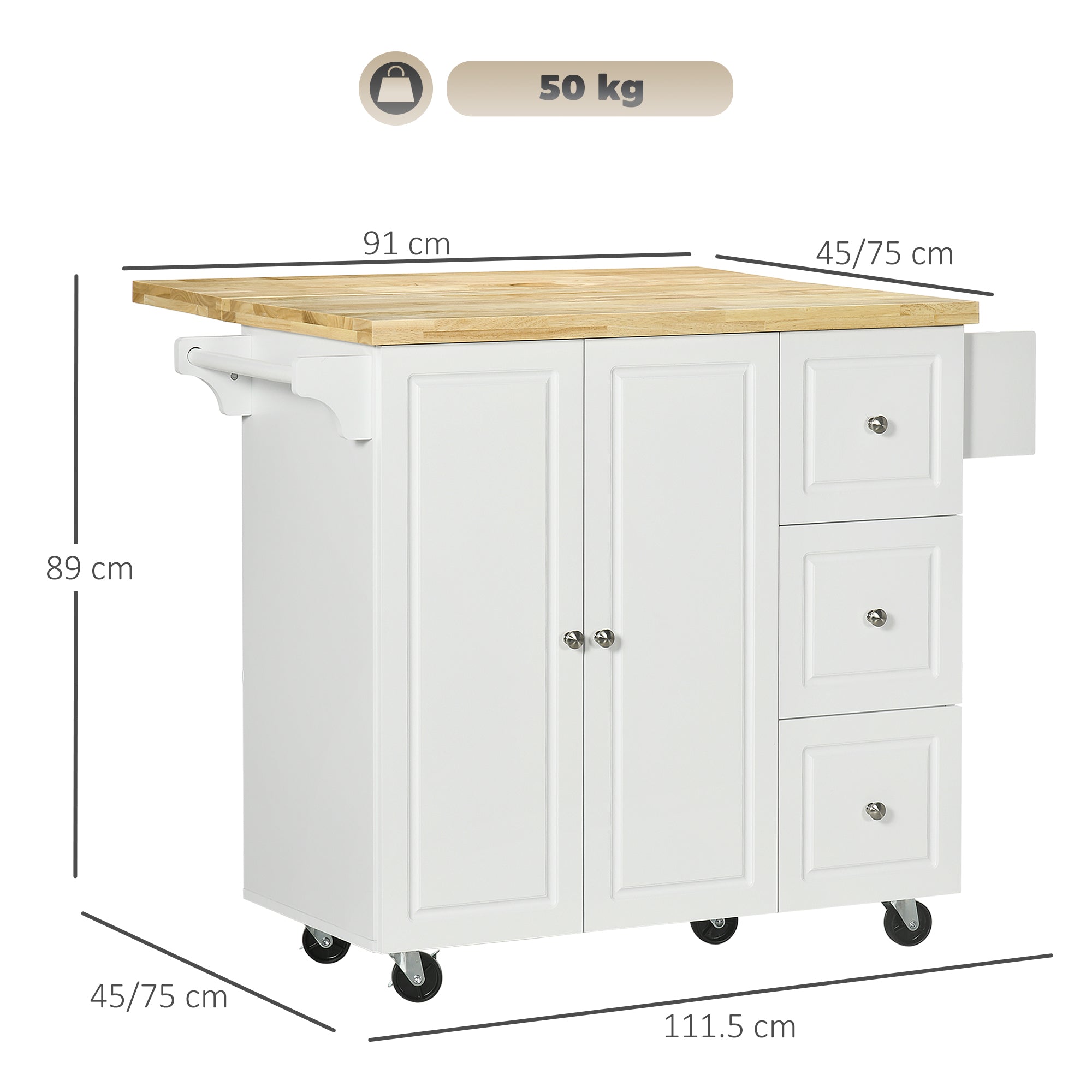 HOMCOM Drop-Leaf Kitchen Island on Wheels with Extendable Rubber Wood Worktop, Rolling Kitchen Storage Trolley, Utility Storage Cart with Drawers & Cabinet for Kitchen, Dining & Living Room, White
